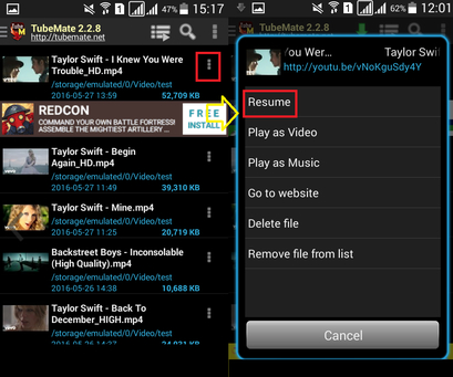 Stop and resume downloading process on android tubemate